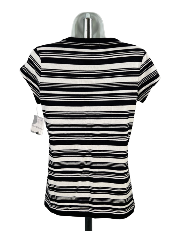 Liz Claiborne Women's Black/White Striped Scoop Neck Short Cap Sleeve Shirt - S image 2