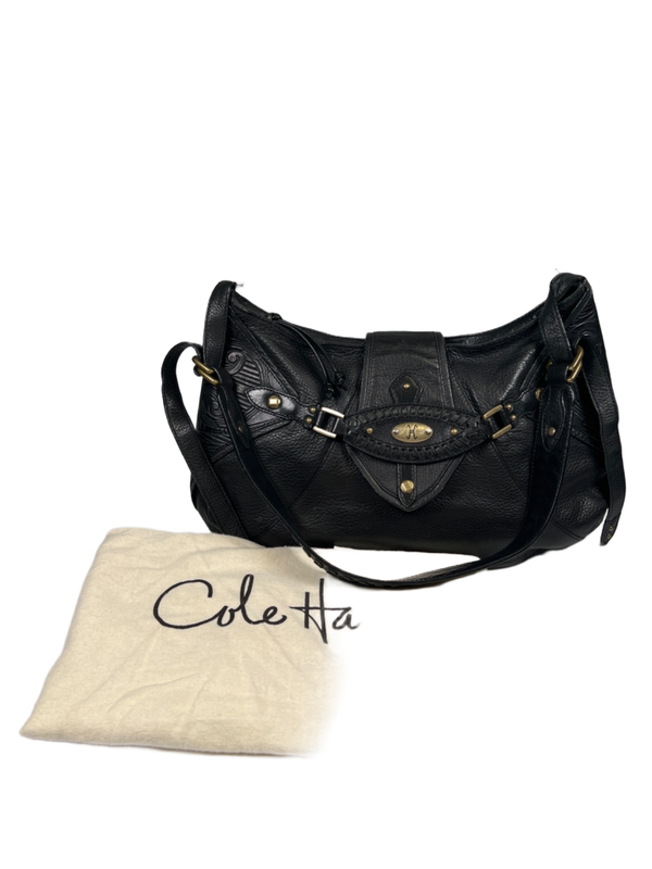 Cole Haan Women's Black Leather Sierra Tooled Shoulder Bag Purse W/ Dust Bag