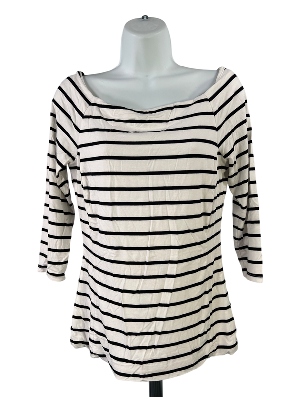 White House Black Market Women's White Striped 3/4 Sleeve Shirt - S