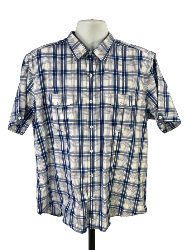 Johnston and Murphy Men's Blue/White Plaid Short Sleeve Button Up Shirt - XL