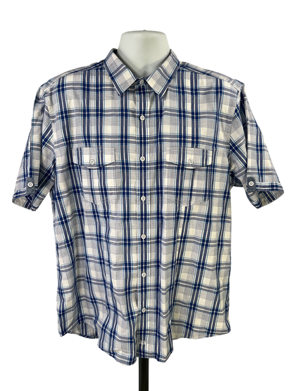 Johnston and Murphy Men's Blue/White Plaid Short Sleeve Button Up Shirt - XL
