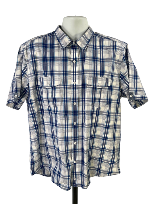 Johnston and Murphy Men's Blue/White Plaid Short Sleeve Button Up Shirt - XL