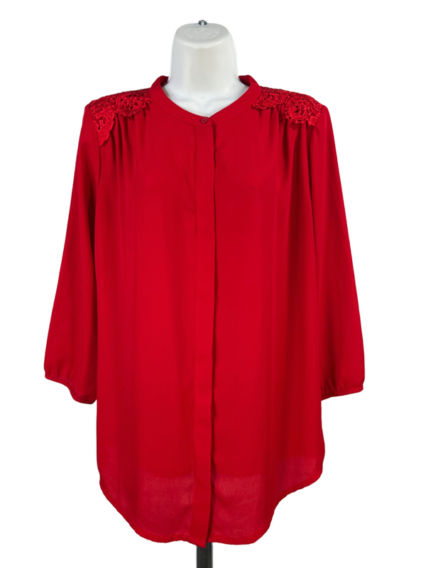 Banana Republic Women's Red Lace Shoulder 3/4 Sleeve Button Up Blouse - S