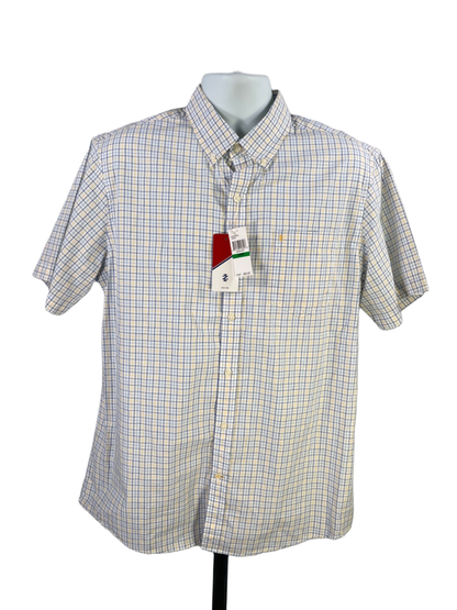 IZOD Men's Blue/Yellow Plaid Short Sleeve Button Up Shirt - L