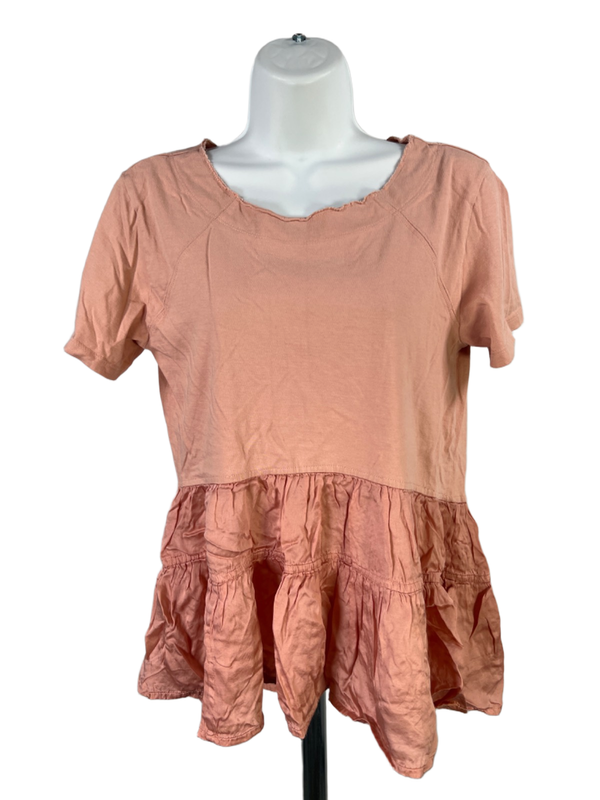 By Anthropologie Women's Pink Babydoll Short Sleeve Tiered Boho Shirt - XS