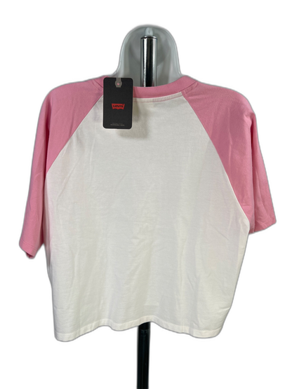 Levi's Women's White/Pink Short Sleeve Loose Fit Throwback Baseball T-Shirt - M image 2