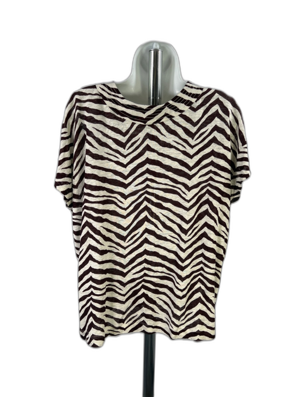 Tahari Women's White/Brown Linen Cap Sleeve Button Up Blouse - L image 2
