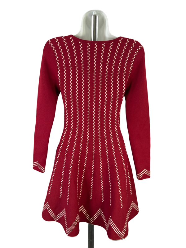 Gianni Bini Women's Red/Cream A-Line Long Sleeve Knit Sweater Midi Dress - XS image 2