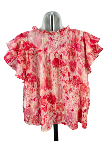 Counterparts Women's Pink WatercolorV Neck Short Butterfly Sleeve Blouse - XL image 2