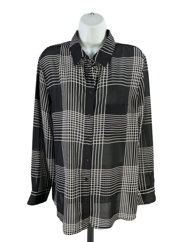 Banana Republic Women's Black/White Semi-Sheer Long Sleeve Button Up Blouse - L