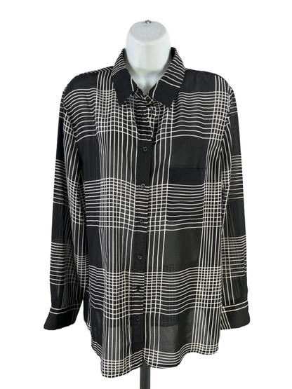 Banana Republic Women's Black/White Semi-Sheer Long Sleeve Button Up Blouse - L