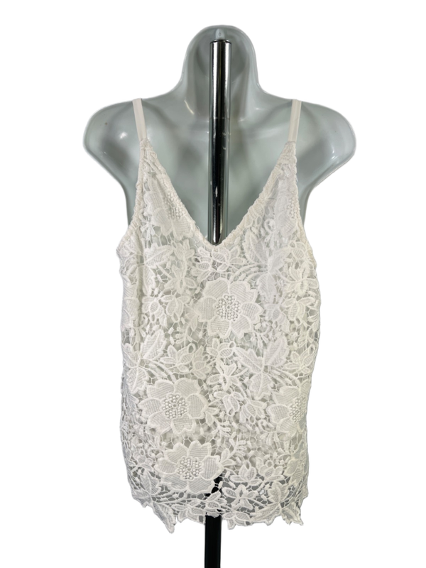 White House Black Market Women's White Crochet Lined V-Neck Tank Top - M image 2