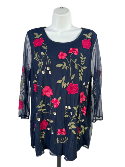 Charter Club Women's Blue Feminine Garden Mesh Embroidered 3/4 Sleeve Blouse - L