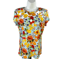 Elie Tahari Women's Blue/Orange Floral Short Cap Sleeve Tee Shirt - S Petite
