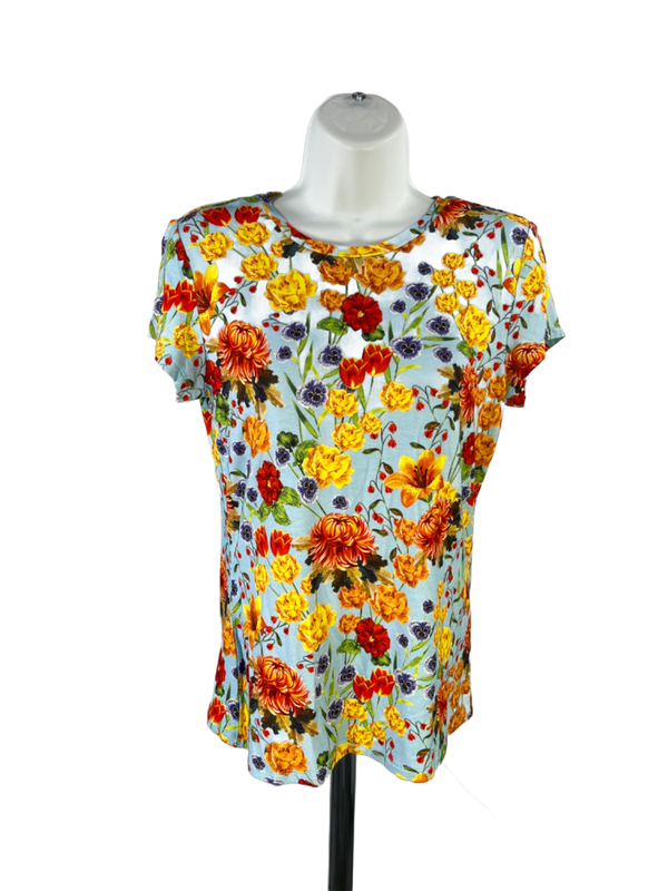 Elie Tahari Women's Blue/Orange Floral Short Cap Sleeve Tee Shirt - S Petite