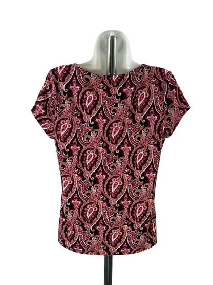 White House Black Market Women's Black/Burgundy Paisley Shirred Neck Blouse - M image 2