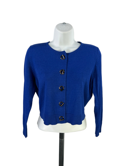Ellen Tracy Women's Blue Toggle Clasp Cropped 3/4 Sleeve Sweater - M