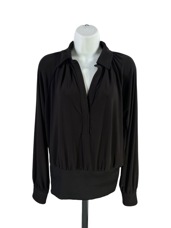 White House Black Market Women's Black Ribbed Long Sleeve Blouse - S