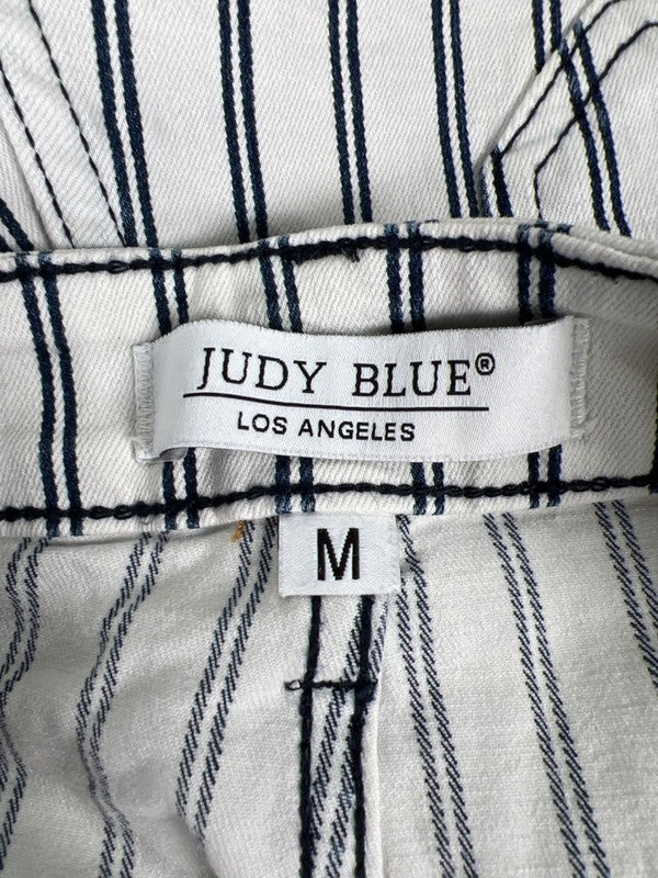 Judy Blue Women's White/Blue Striped High Rise Button Fly Jean Shorts - M image 3
