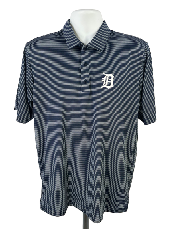 Antigua Men's Blue/White Striped MLB Detroit Tigers Short Sleeve Polo Shirt - M