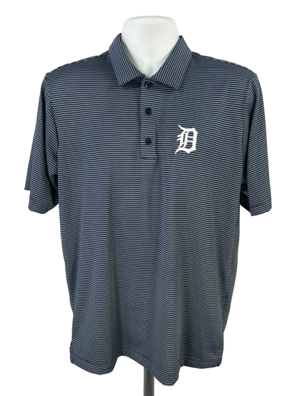 Antigua Men's Blue/White Striped MLB Detroit Tigers Short Sleeve Polo Shirt - M