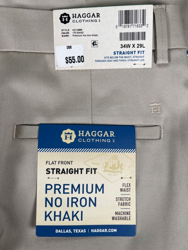 Haggar Men's Tan Straight Fit Premium Stretch No-Iron Khaki Pants - 34x29 image 3