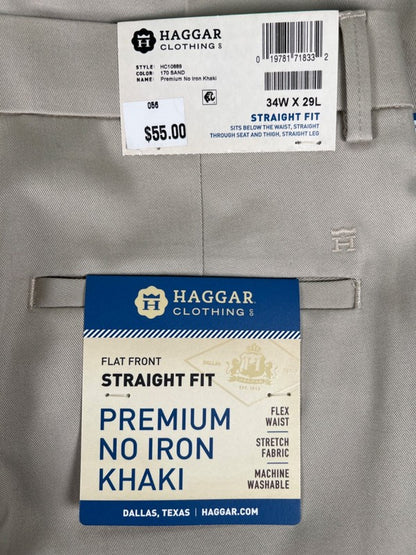 Haggar Men's Tan Straight Fit Premium Stretch No-Iron Khaki Pants - 34x29 image 3