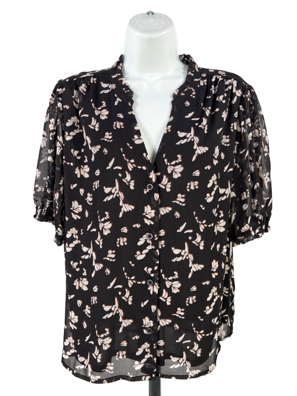 Nine West Women's Black Short Sheer Sleeve Button Up Blouse - L