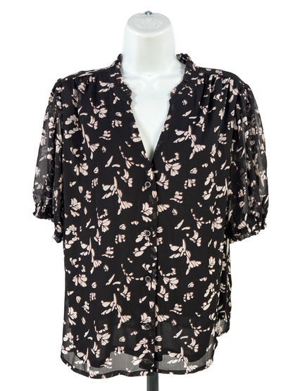 Nine West Women's Black Short Sheer Sleeve Button Up Blouse - L