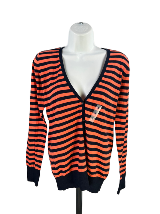 Old Navy Women's Blue/Orange Striped V Neck Button Up Long Sleeve Sweater - M