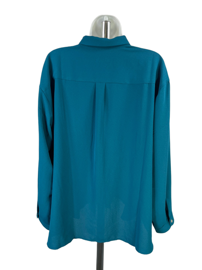 J Jill Women's Blue Textured Pleated Back Long Sleeve Button Up Blouse - L image 2