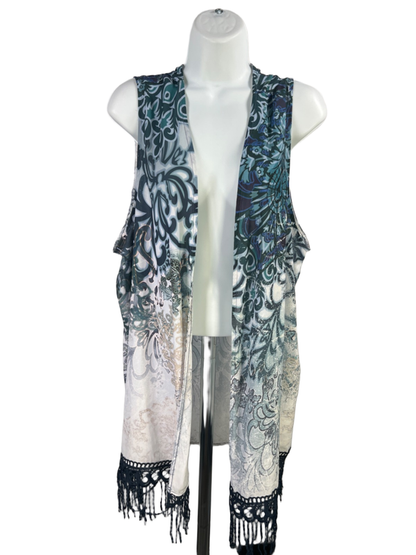 CJ Banks Women's Blue/White Sleeveless Fringe Hem Open Front Long Shirt- 2X Plus
