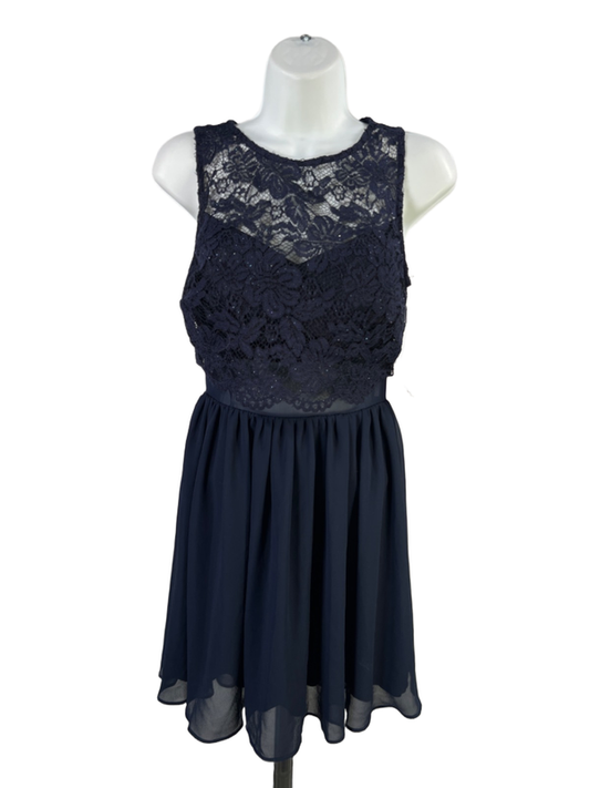 City Studio Women's Blue Lace Metallic Mesh Mini Dress - 3
