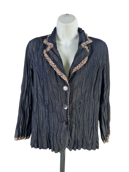 Chico's Women's Blue Metallic Leopard Trim Button Front Blouse - 0/US S