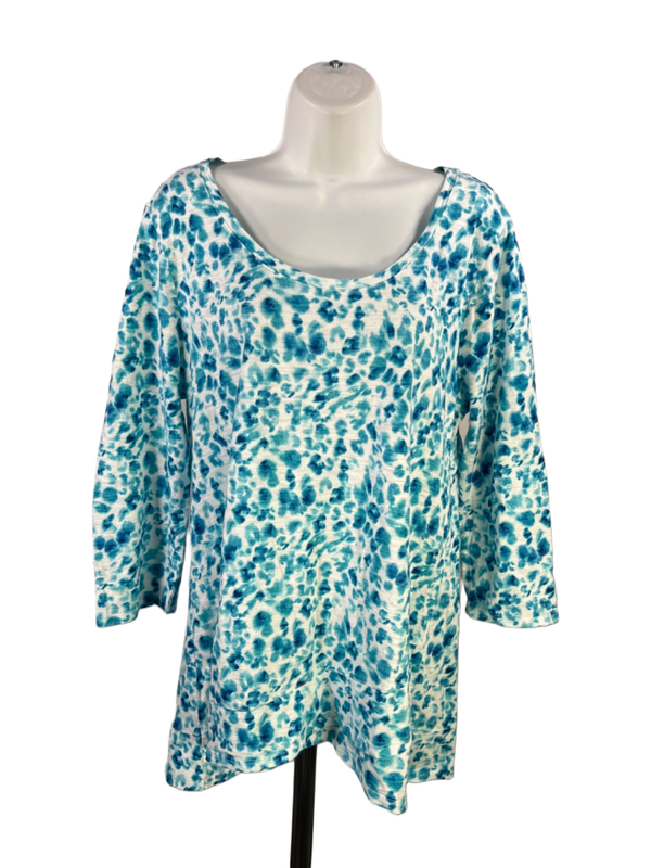 Chico's Women's Blue/White Tie-Dye Scoop Neck Layered 3/4 Sleeve Shirt - 2/US L