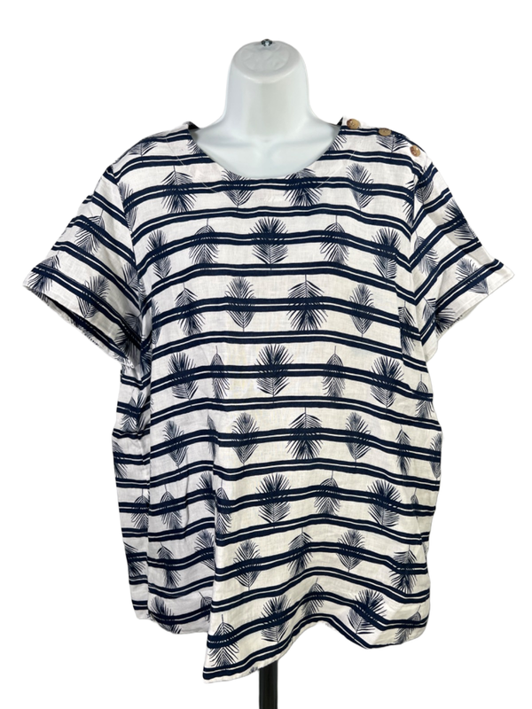 Lands End Women's White/Blue Linen Short Sleeve Blouse - XL/18
