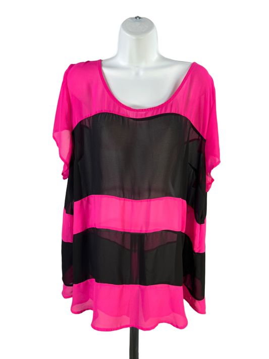 Torrid Women's Pink/Black Chiffon Sheer Button Back Short Sleeve Blouse - 3 Plus
