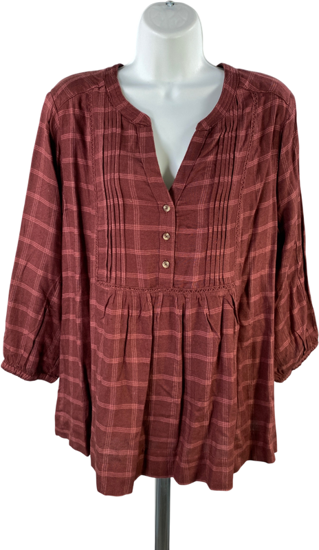 Wrangler Women’s Brown Plaid 3/4 Sleeve Pullover Shirt - L