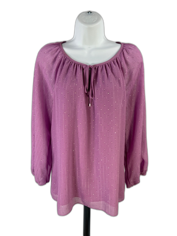 White House Black Market Women's Purple Metallic Semi Sheer Tie Front Blouse - M
