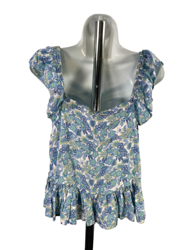 Lucky Brand Women's Blue/Green Floral Ruffle Button Up Sleeveless Blouse - S image 2
