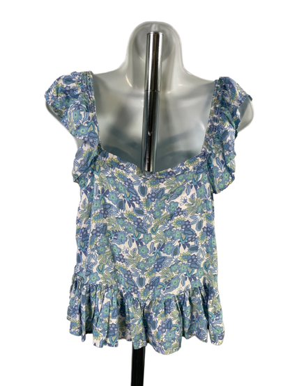 Lucky Brand Women's Blue/Green Floral Ruffle Button Up Sleeveless Blouse - S image 2