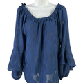 Michael Kors Women's Navy Blue Semi Sheer Ruffle Long Balloon Sleeve Blouse - S