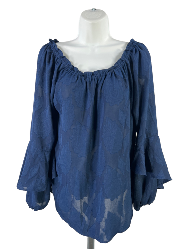Michael Kors Women's Navy Blue Semi Sheer Ruffle Long Balloon Sleeve Blouse - S