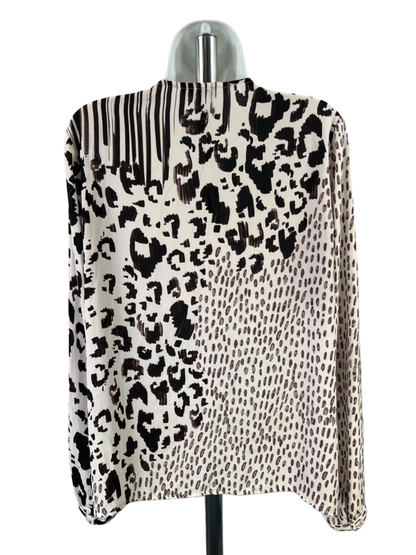 Cabi Women's White/Brown Long Sleeve Faux Wrap Front Semi-Sheer Blouse - M image 2