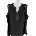 Adiva Women's Black Faux Leather Trim Semi-Sheer Sleeveless Blouse - XL