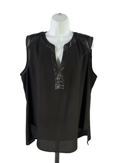 Adiva Women's Black Faux Leather Trim Semi-Sheer Sleeveless Blouse - XL