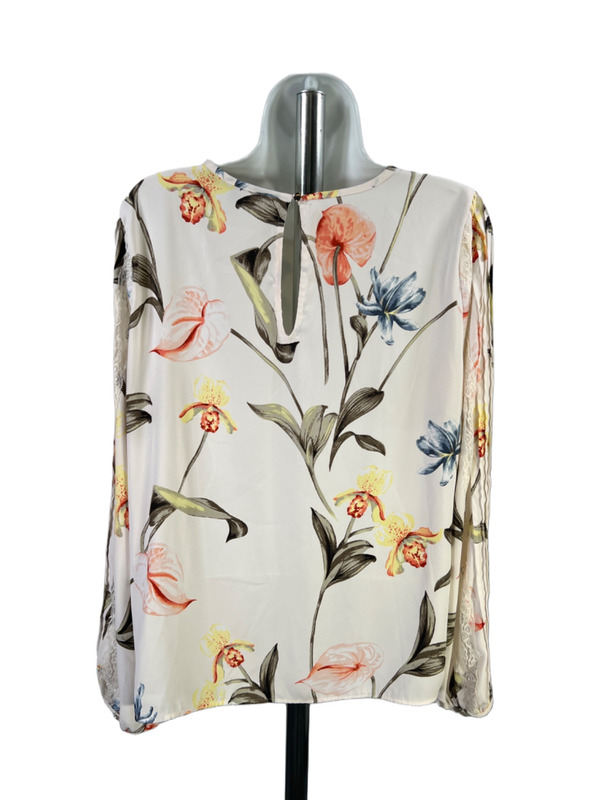 White House Black Market Women's White Floral Lace Detail Long Sleeve Blouse - M image 2