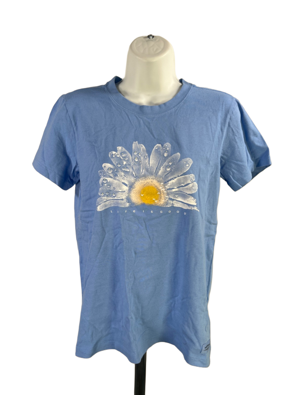 Life Is Good Women's Blue Crusher Flower Graphic Short Sleeve Tee Shirt - S