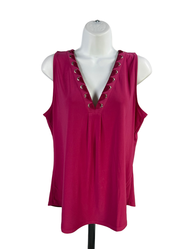 White House Black Market Women's Purple V Neck Pleat Detail Sleeveless Shirt - M