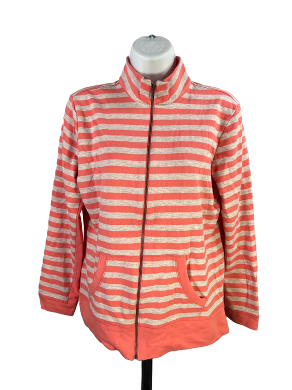 Chico's Women's Gray/Coral Weekends Striped Long Sleeve Zip Up Jacket - 0/US 4